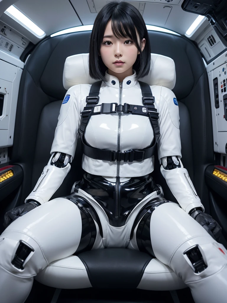Japanese female android,Black Hair,The spaceship's cockpit,The passenger is fully secured in a reclined seat by a thick harness.,Chubby,Big Breasts,Spread your legs,Squat,Shiny white robot suit,Robotic arms and legs,Surrounded by switches and monitors,