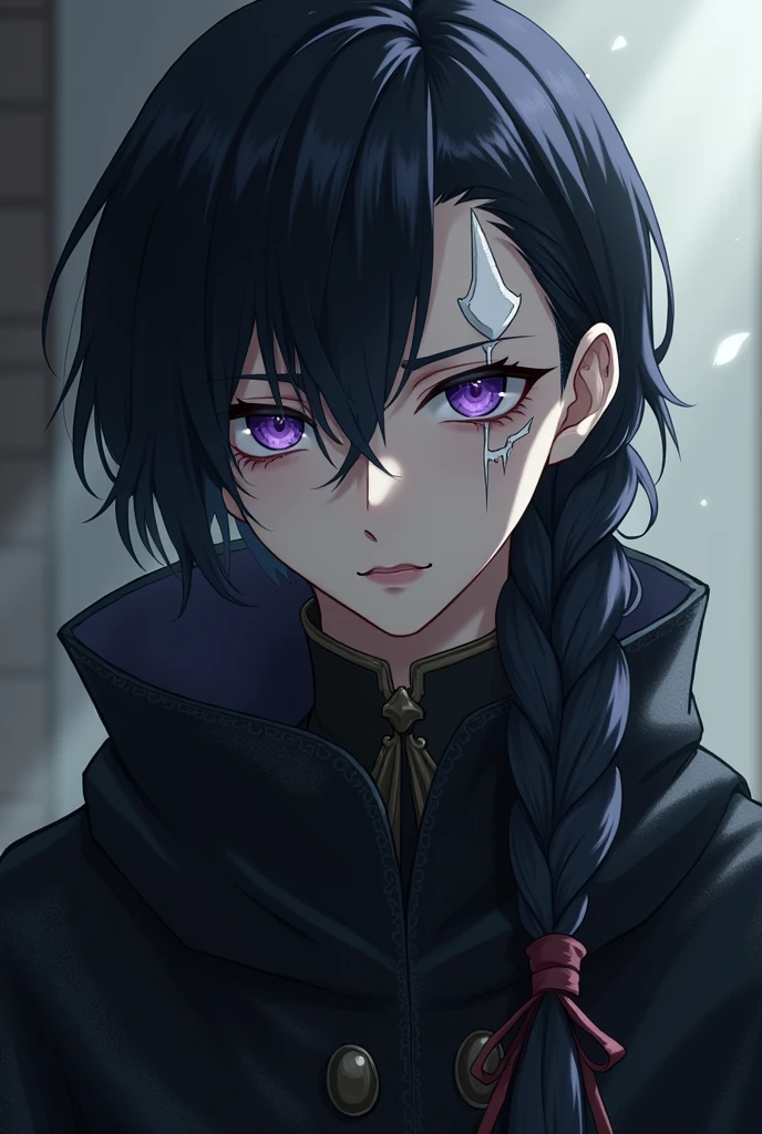 Fantasy Character. adult man, shoulder length black hair with a braid on the left side, purples eyes, fair skin with dark circles under the eyes, a lazy, sleepy expression. Medieval era anime style. Wearing an old black cloak. White mark on the face on the left side.