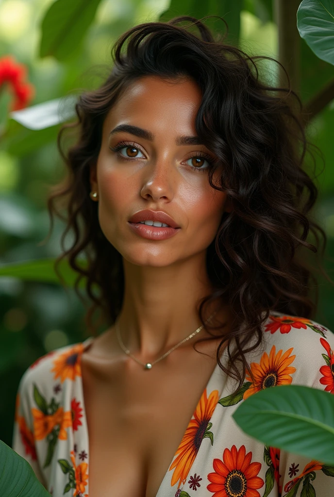 A Brazilian woman in a lush tropical garden, wearing an open shirt with a floral print, with a close-up capturing the harmonious beauty between her breasts and the natural flowers, showing off your natural charm and outgoing personality.