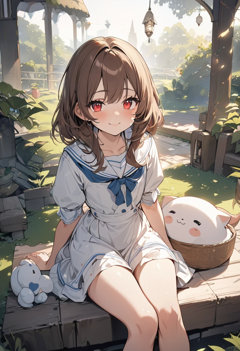 A cute girl with long brown hair (1.3) and red eyes, smiling warmly, dressed in a charming white sailor dress. She is sitting in a park with her legs crossed, creating a serene and pleasant atmosphere.
best quality,masterpiece,natural lighting,super fine illustration,high resolution,(flat chest:1),amazing,kawaii,cute,cutegirl,detailed face,detailed eyes,8k,utra detailed,detailed,