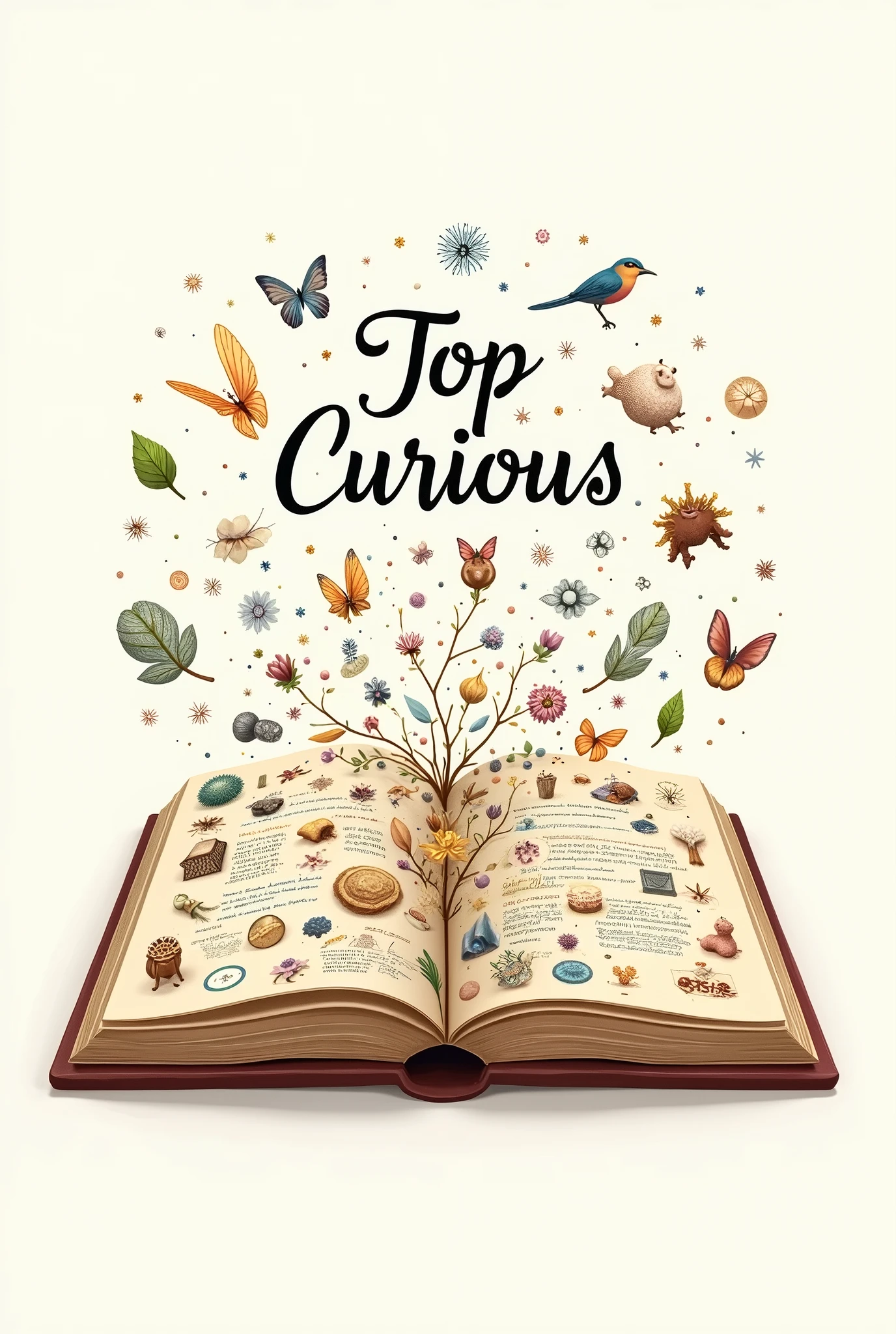an Open Book Logo with Illustrations: an open book, with pages full of small illustrations representing different curiosities. "Top Curious" can be displayed as the book title, in a font that imitates handwriting or elegant calligraphy.