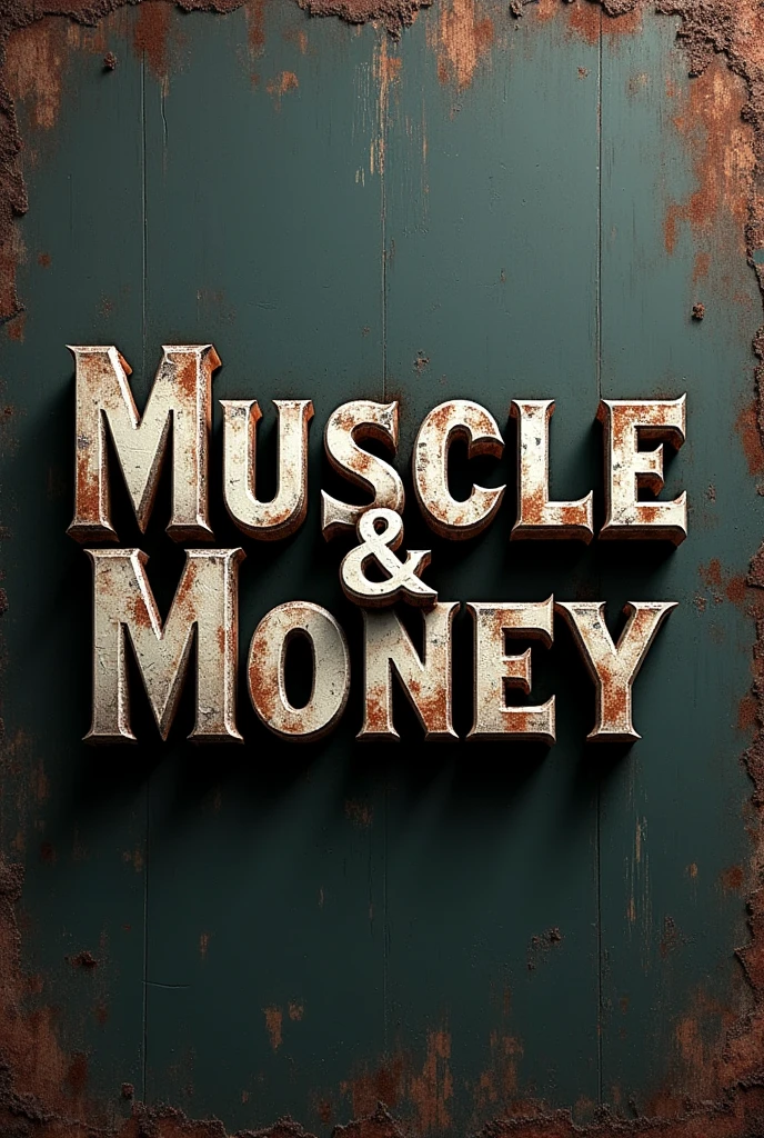 A logo written MUSCLE & MONEY no images of people just writing, rustic showing a gym dumbbell in the shape of money 
