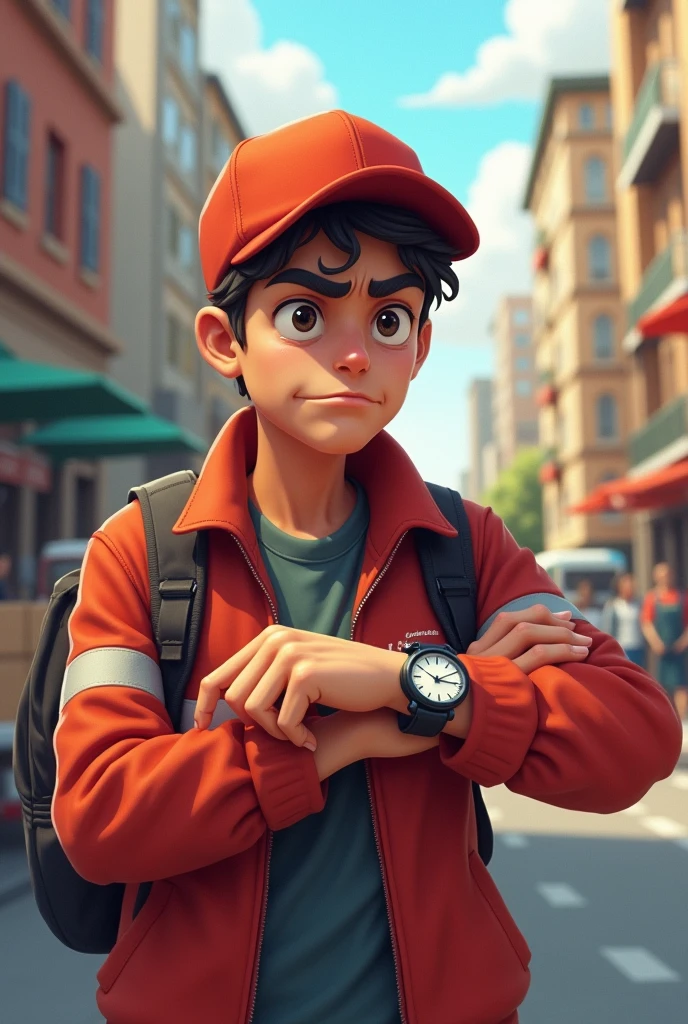 Delivery boy stress looking and pointing to clock