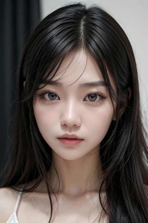 imagine beautiful korean girl, long black hair, without makeup on the face, and with a rock style. Realistic photos