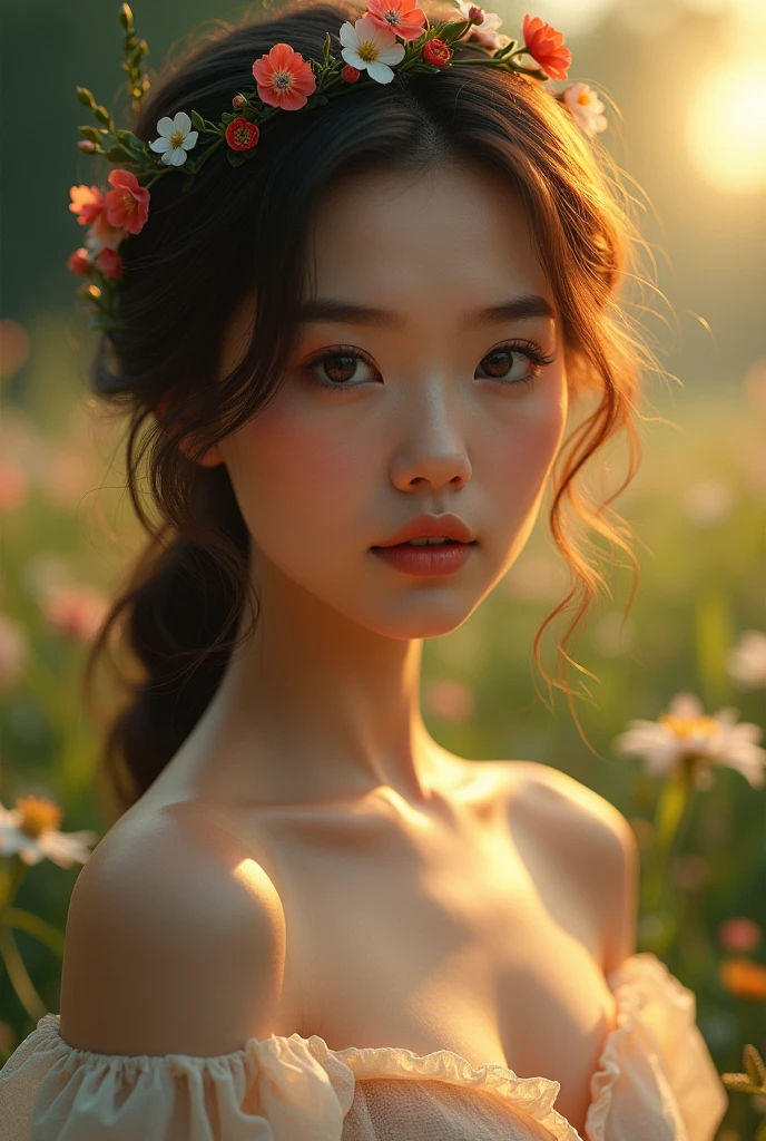 a beautiful young woman, 1girl, detailed face, beautiful detailed eyes, beautiful detailed lips, extremely detailed face, longeyelashes, elegant dress, nature background, outdoor, garden, trees, flowers, sunlight, warm color tone, photorealistic, 8k, high quality, masterpiece, vibrant colors, realistic, detailed, cinematic lighting, intricate details