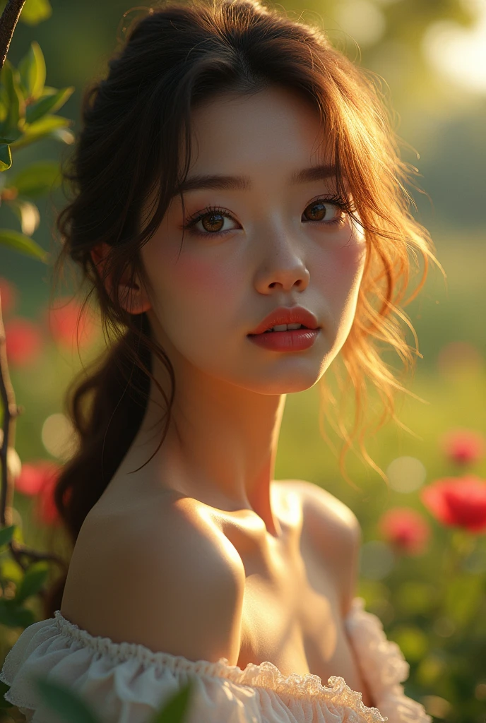 a beautiful young woman, 1girl, detailed face, beautiful detailed eyes, beautiful detailed lips, extremely detailed face, longeyelashes, elegant dress, nature background, outdoor, garden, trees, flowers, sunlight, warm color tone, photorealistic, 8k, high quality, masterpiece, vibrant colors, realistic, detailed, cinematic lighting, intricate details