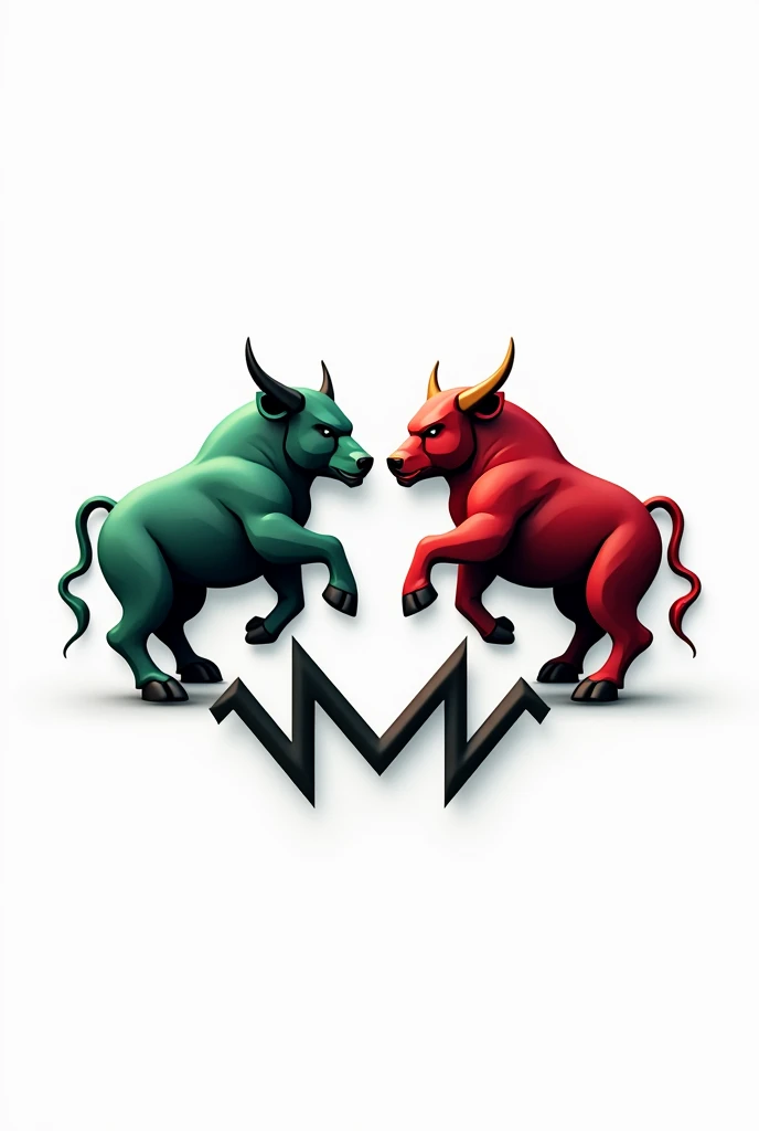 Create a logo for a trading company that combines key elements of financial markets. The logo should feature stylized candlesticks to represent market charts, with bold, dynamic lines. Integrate a powerful bull and a fierce bear, symbolizing the market’s highs and lows, facing off in a balanced design. The color scheme should include shades of green, red, and black to evoke the energy and volatility of trading, all set against a clean white background. Add a 3D effect to give the logo depth and a modern, dynamic appearance, emphasizing its professional and strong design.
