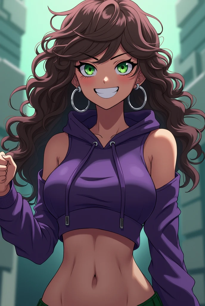 Badass Female character from Jujutsu Kaisen, light skin, fit build, long curly coily brown hair, bright green eyes, wearing purple sleeveless cropped hoodie, belly ring, hoop earrings, villainous smile, screenshot, screencap, anime