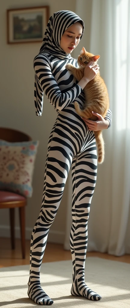 The most beautiful,thin,most pretty and clever Asian muslimah adult girl wears plains zebra print lycra turtleneck unitard catsuit.She always wear plains zebra print lycra dancewear stretchy square hijab.She stands and hugs a cute little cat.