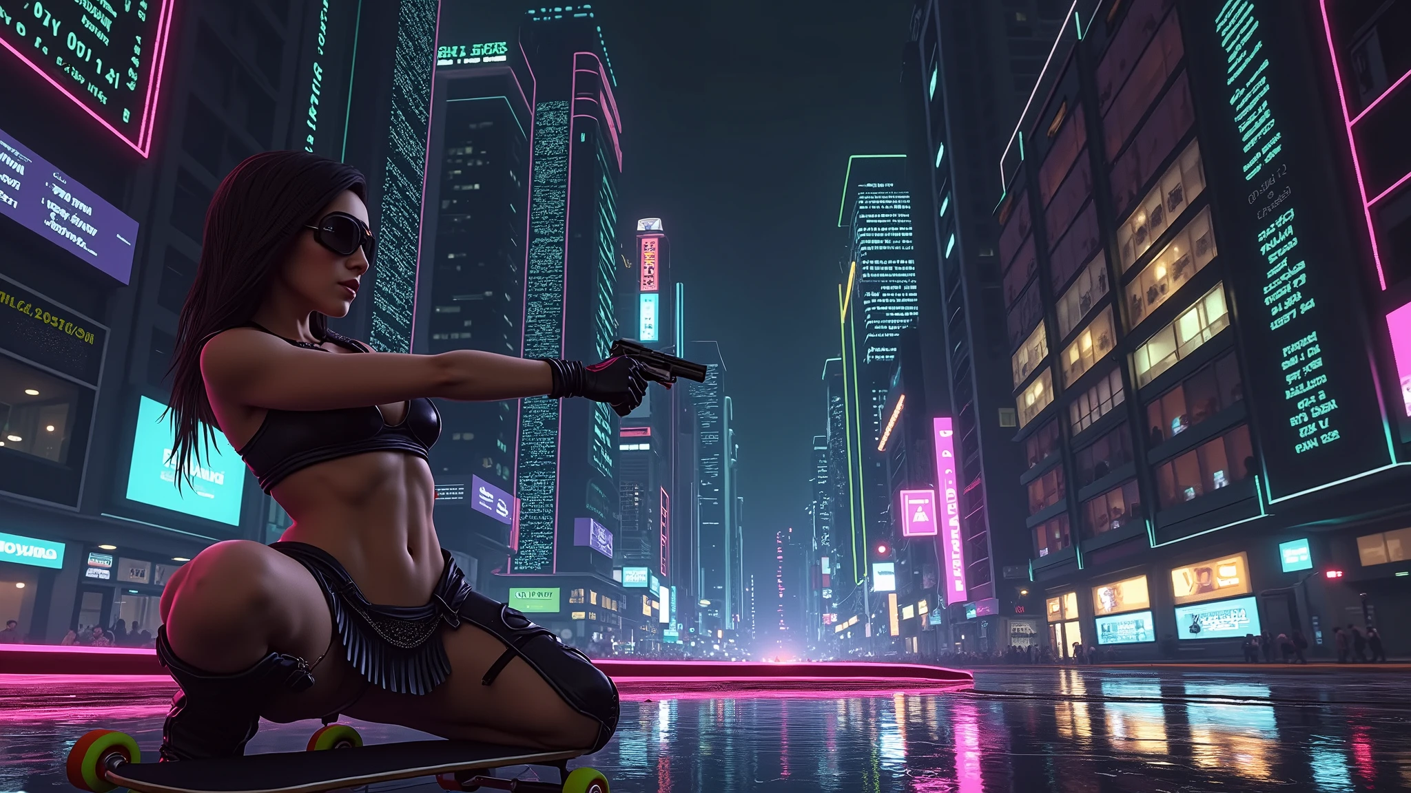 Matrix inspired futuristic cityscapes with colorful all-glass outlined towering skyscrapers with lightning, flying vehicle. High-resolution OLED GUI interfaces in the building, The windows are filled with transparent data visualization infographics that show it all, very close-up green glowing cascading code. Colors are saturated and vibrant. At night, (1 female assassin crouching on a skateboard, solo, alone), photorealistic, large-breast slim:0.6 body, oval:0.5 face, black mini bra, cleavage:1.1, deep-v, very low angle view of black pleated miniskirt, white panty, (upskirt), glove, (Matrix style black micro sunglasses), (aiming viewer with a short gun), dynamic skating pose, (full-body thigh level close-up:2.0 shot), cinematic lighting, ray tracing, motion blur background.