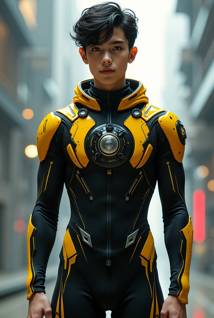 Teenage young man in black and yellow technological clothing with button in the middle of the clothing 
