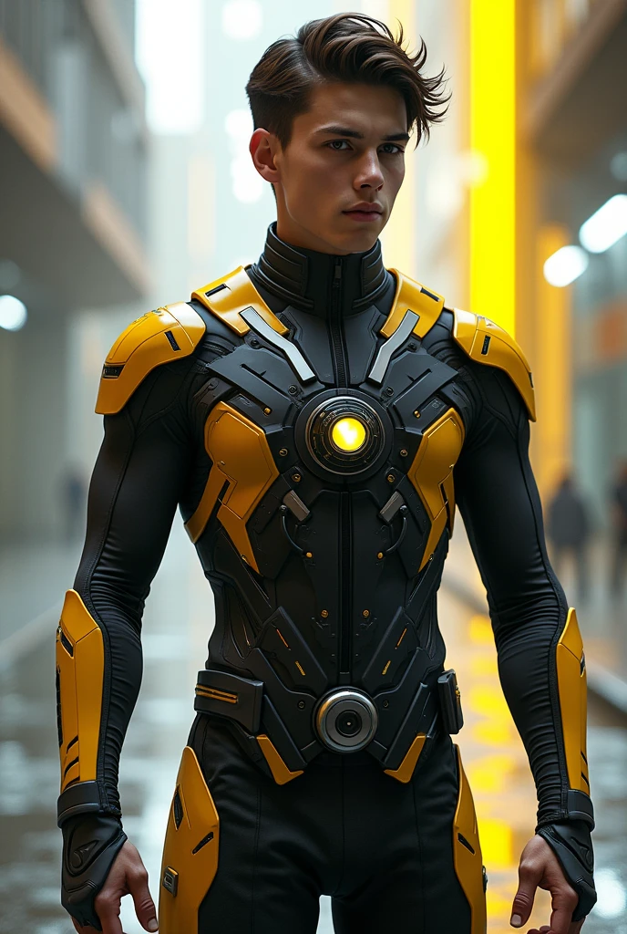 Teenage young man in black and yellow technological clothing with button in the middle of the clothing 
