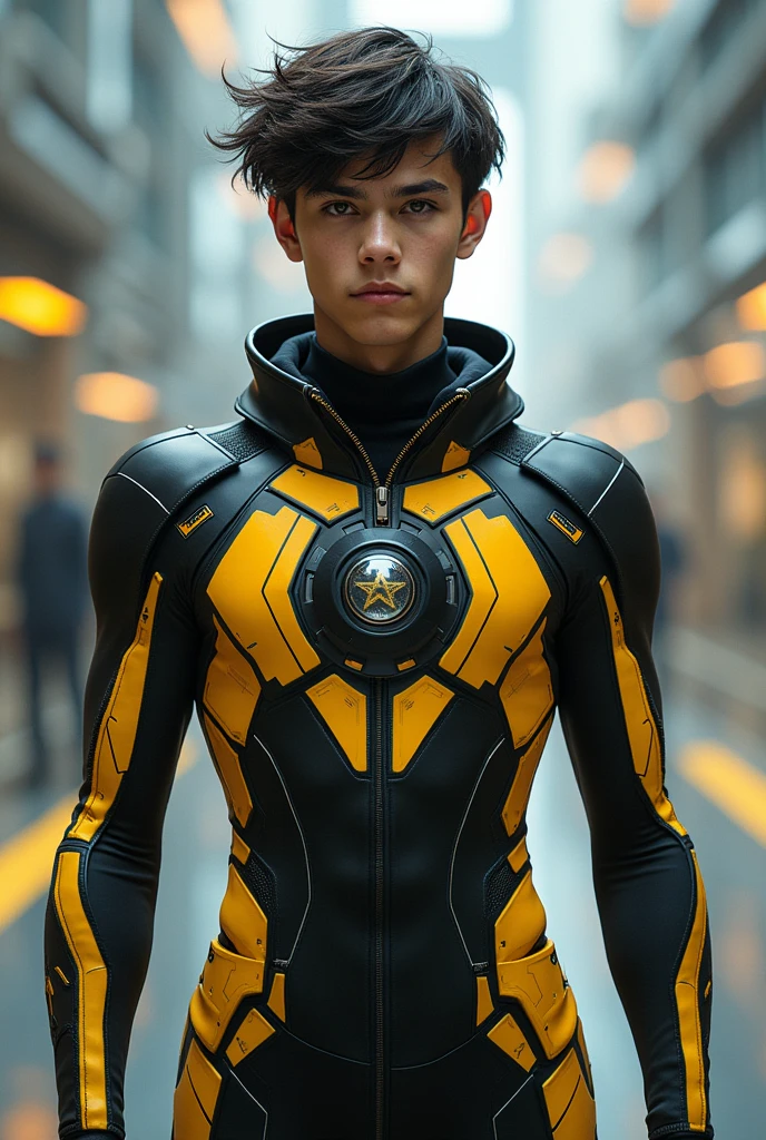 Teenage young man in black and yellow technological clothing with button in the middle of the clothing