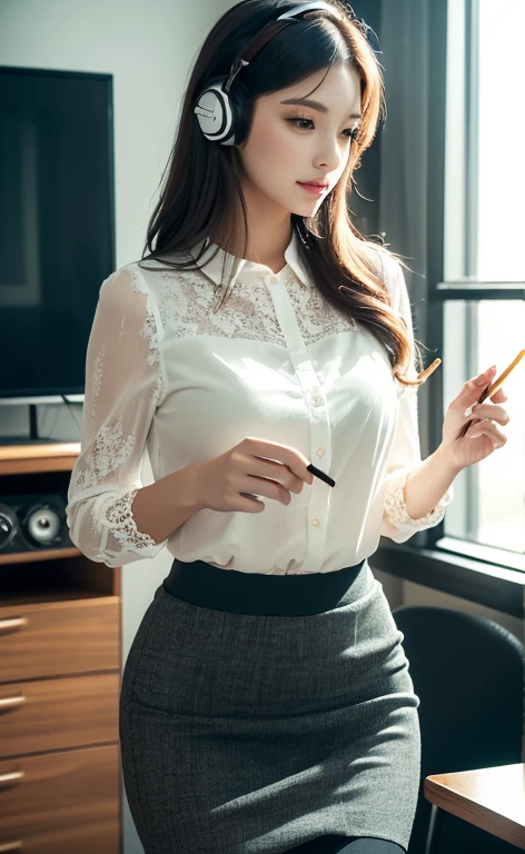 (a gorgeous woman wearing a white lace blouse and pencil skirt, appreciating ambience of music in a conference room, extremely detailed, photorealistic, intricate details, beautiful elegant woman, sensual, alluring, soft lighting, warm color tones, cinematic composition, high quality, masterpiece, sfw)