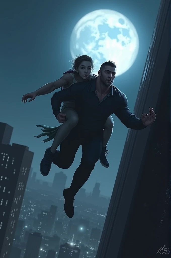 Below is another person jumping off a building carrying a person on his back on a bright moonlit night.