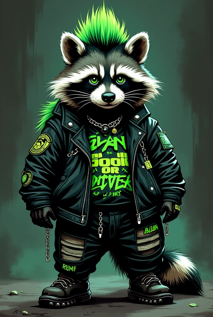 A punk black and dark green raccoon, glam rock, maneskin, punk, queer, dark green neon green black and white color scheme, punk clothes, androgynous, fat,