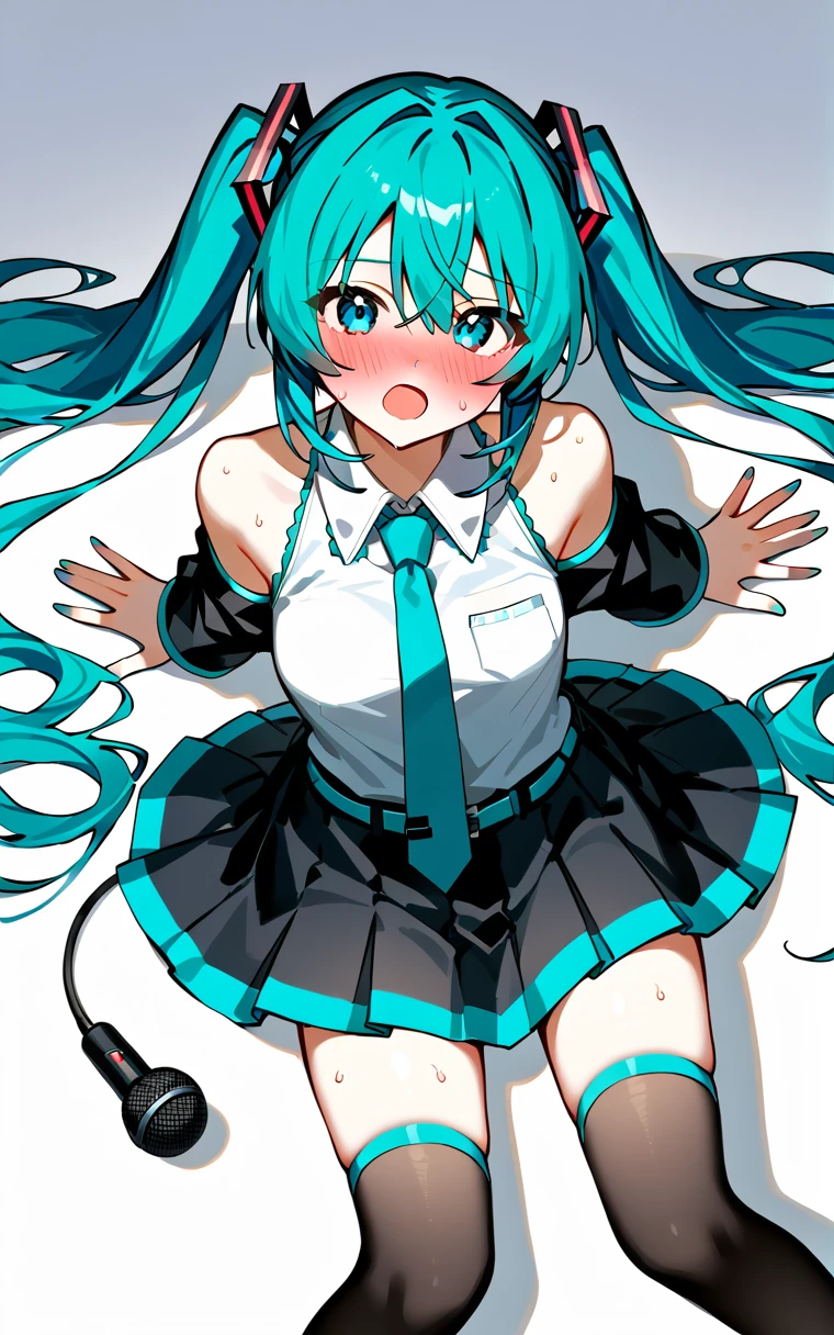 (score_9,score_8_up,score_7_up),vocaloid, hatsune miku, absurd, high resolution, 1 girl, bare shoulders, black skirt, blue eyes, blue hair, blue tie, blush, breasts, collared shirt, separated sleeves, from above, frown, hair between the eyes, headphones, long hair, looking at viewer, looking up, medium breasts, microphone, miniskirt, tie, pleated skirt, shirt, skirt, pigtails, very long hair, 1girl, ass, belt, thighs, black stockings, black thighs , black dress, blue-green hair, multi-colored hair, dress, blue eyes, hair between the eyes, medium hair, open mouth, ponytail, simple background, sleeveless dress, focus alone, spanked, spanking, sweat, thighs, bottom white, (nsfw:1.0), spanked, blushing, amazed, high resolution, erotic cute, cute and erotic appearance, best quality, highres, absurdres, perfect_anatomy, hands_perfect, beautiful_skin_x4, dynamic_lighting, shadow_blurringx4, perfect_hands, fine_fingers, erotically_cute, masterpiece, spread_legs、Top image quality、Top resolution、​masterpiece, cinematographic lighting, (spanking:1.2)