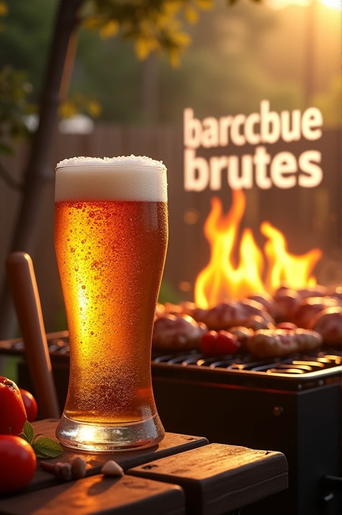Create a glass of beer next to a barbecue and writing in the background " Barbecue Brutes"
