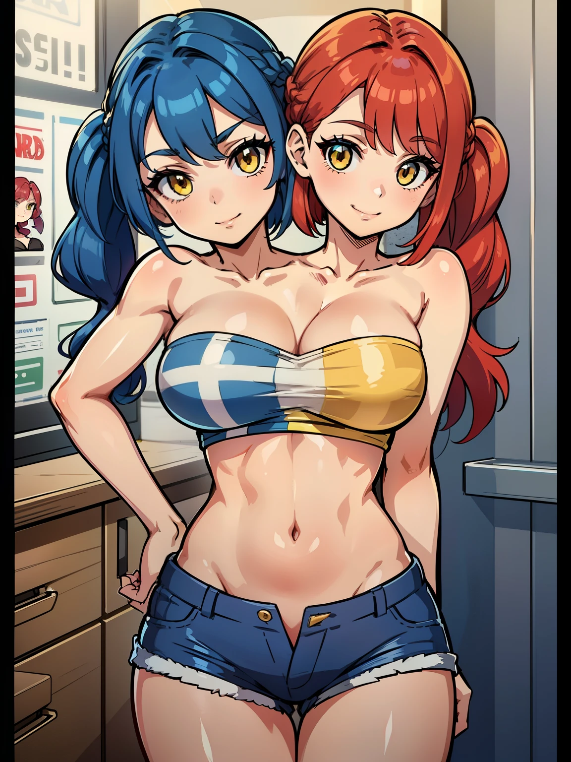 (masterpiece),(ultra-detailed), (high quality), (high resolution), (best quality:1.5, highres, UHD), highres, absurdo, ultra detail, ultra quality, Ultra resolution, 16k, 1girl, (2heads:1.5), girl with two heads, ((violet tube top)) ((red hair:1.5)), ((blue hair:1.5)), ((different hair colors:1.5)), (shorts with extra pockets), casual outfit with yellow patterns, ((long ponytails)) ((different hairstyles)), different haircuts, golden yellow eyes,, gentle smile
