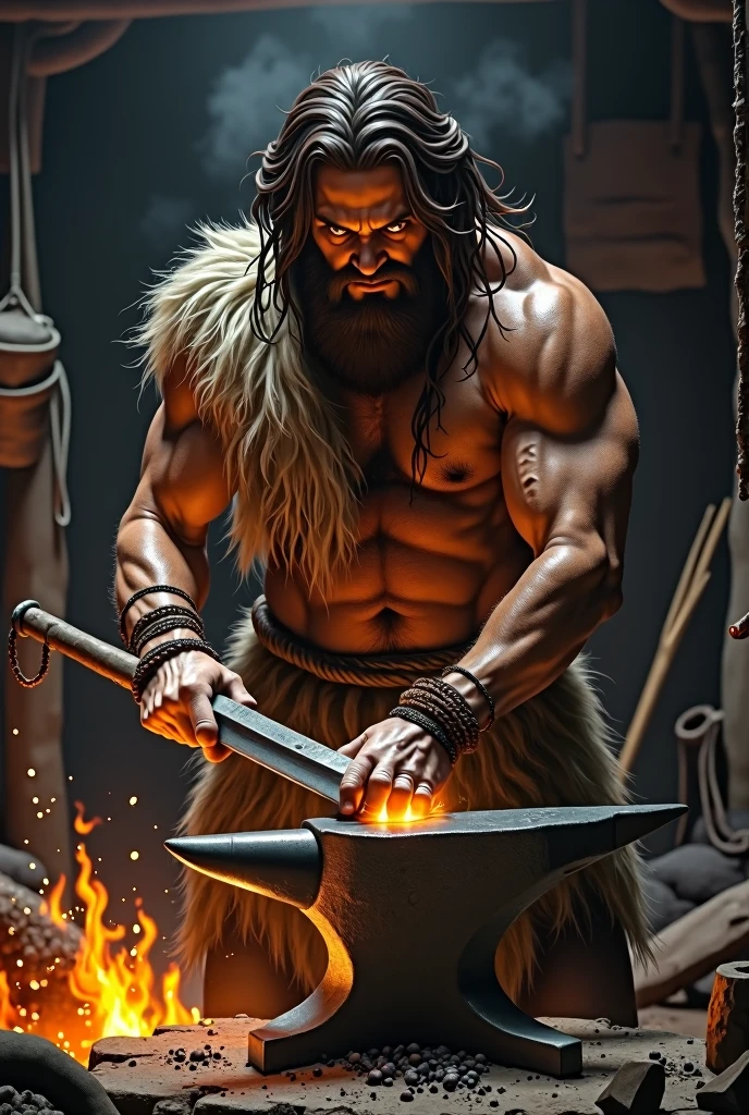 A caveman creating an iron sword on an anvil