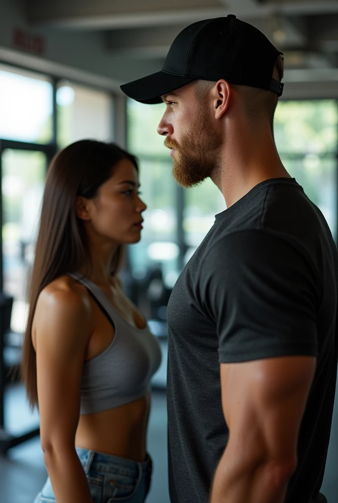 crystal is an adult woman, entre 23 a age 28, of CHINESE descent, medium-sized, straight brown hair, of CHINESE descent, big body, 1,70 tall. the rack thief is tall, is wearing a black curved-brimmed cap, age 28, on average 1,80 metro, greeneyes, Caucasian skin, half-shaven beard, blondie hair, muscular gym body, with a t-shirt see moss portrait view, both in a gym