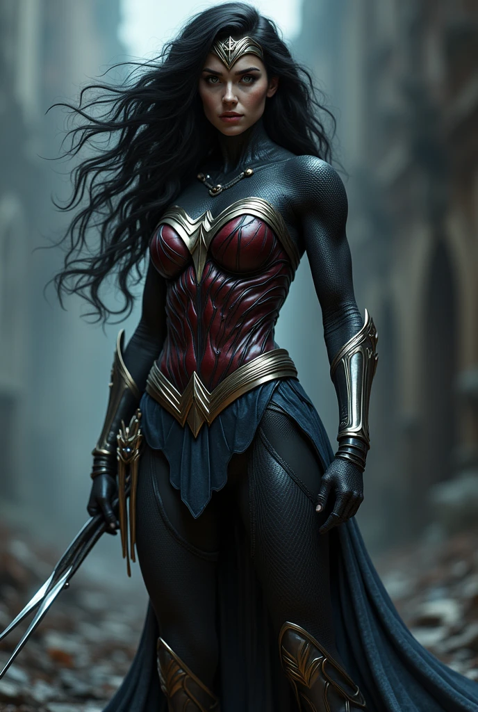 (((Symbiote fused with Spiderman Wonder Woman ))),(((A beautiful woman with long black hair under the mantle of the Amazon warrior Wonder Woman))),(((Wonder Woman emblem on her chest))),(((corset ?????))),(((Long black boots up to her knees))),(((With Symbiote skin running all over his skin))) Black metal bracelets))),(((Simbionte Spiderman))),(((Wonder Woman emblem on her chest))),(((Symbiote fused with Spiderman Wonder Woman)))