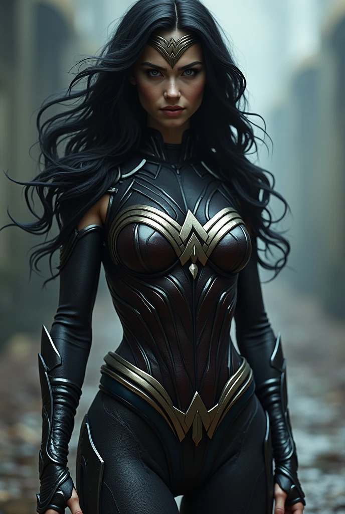 (((Symbiote fused with Spiderman Wonder Woman ))),(((A beautiful woman with long black hair under the mantle of the Amazon warrior Wonder Woman))),(((Wonder Woman emblem on her chest))),(((corset negro))),(((Long black boots up to her knees))),(((With Symbiote skin running all over his skin))) Black metal bracelets))),(((Simbionte Spiderman))),(((Wonder Woman emblem on her chest))),(((Symbiote fused with Spiderman Wonder Woman)))