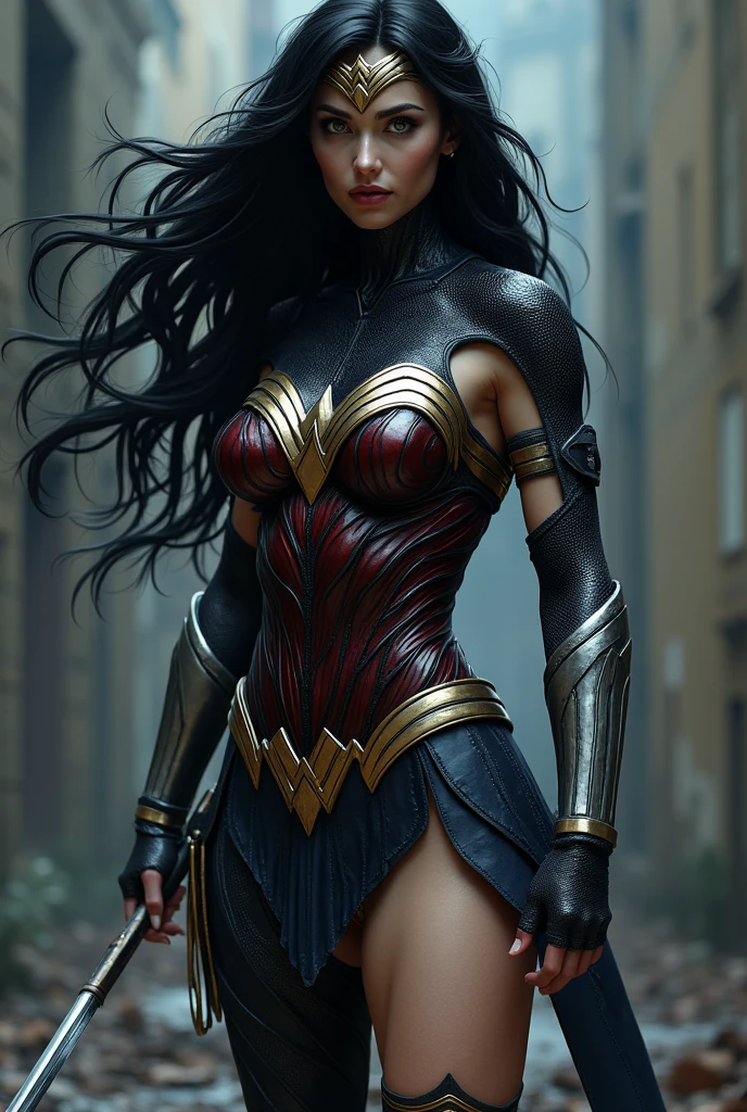 (((Symbiote fused with Spiderman Wonder Woman ))),(((A beautiful woman with long black hair under the mantle of the Amazon warrior Wonder Woman))),(((Wonder Woman emblem on her chest))),(((corset negro))),(((Long black boots up to her knees))),(((With Symbiote skin running all over his skin))) Black metal bracelets))),(((Simbionte Spiderman))),(((Wonder Woman emblem on her chest))),(((Symbiote fused with Spiderman Wonder Woman)))