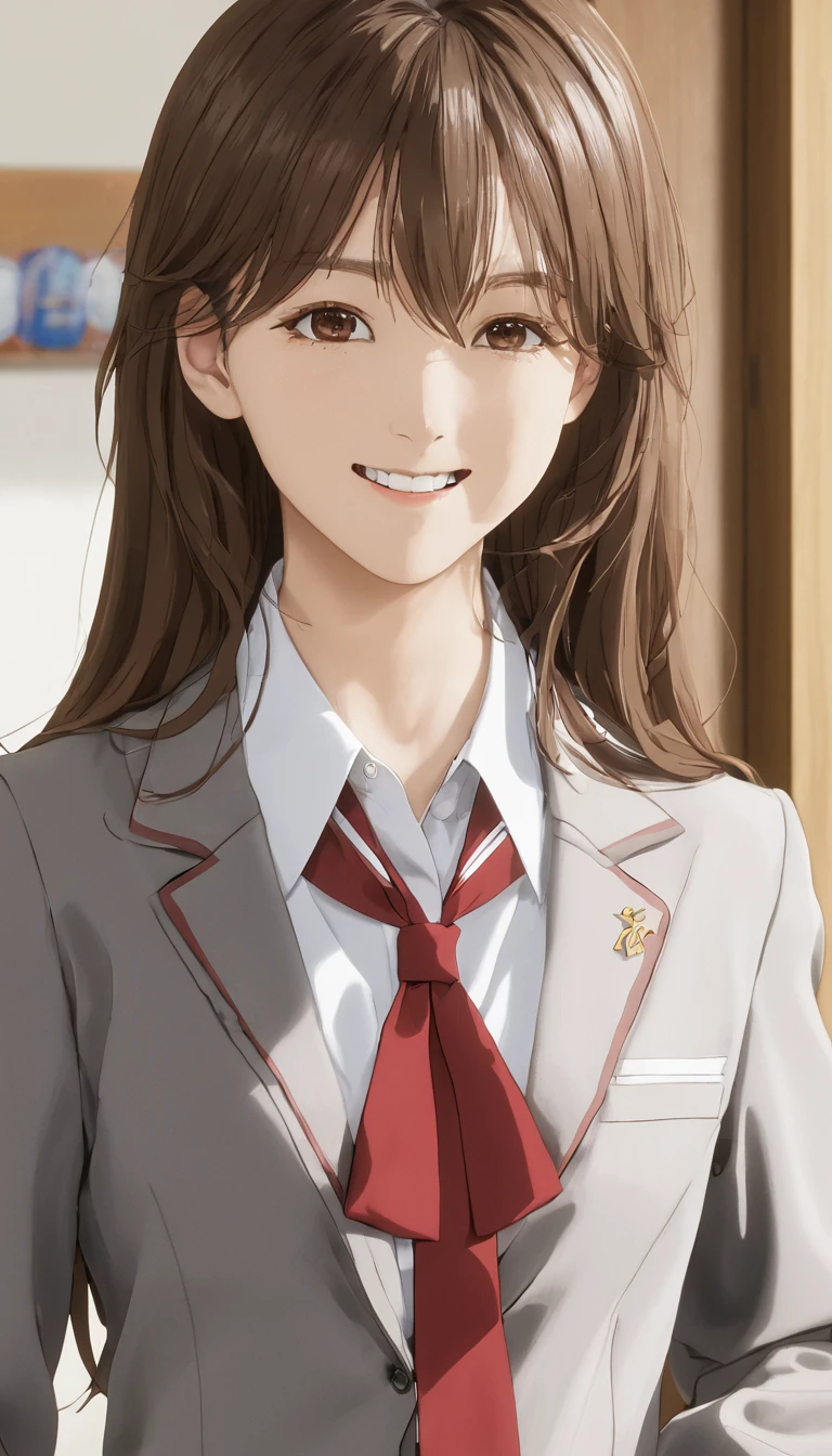 Score_9, Score_8_up, Score_7_up, source_anime,
mariamikhailovnakujou,mariamikhailovnakujou, long hair, bangs, brown hair, hair ornament, hair between the eyes, brown eyes, Ahoge,shirt, bow tie, school uniform, jacket, white shirt, collared shirt, bow tie, red bow, jacket, red bow tie, black skirt, pleated skirt, indoors, leaning, smile, smug, looking at viewer, alone,  realistic, 