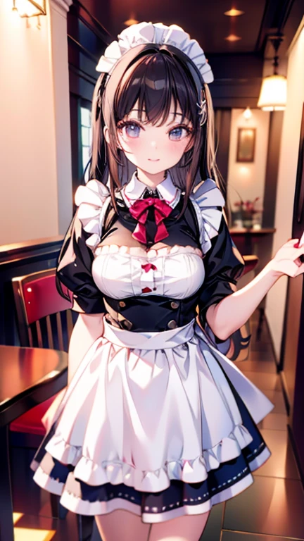 ((masterpiece)), (top-quality), (detaileds), A 3D render of a digital avatar of a maid girl with a pink uniform and a white apron. She has black hair and wears a white collar .The background is a classic cafe with an antique counter, a few chairs, and a plant. The floor is tiled.