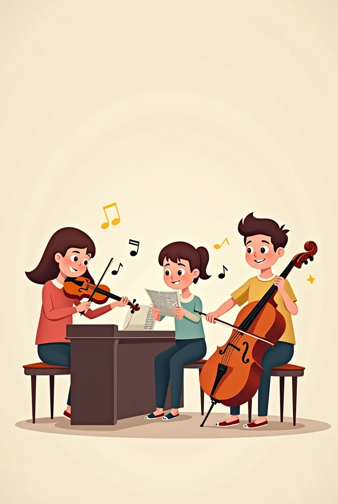 piano trio cartoon people with a neutral background of people not animals with instruments just three people