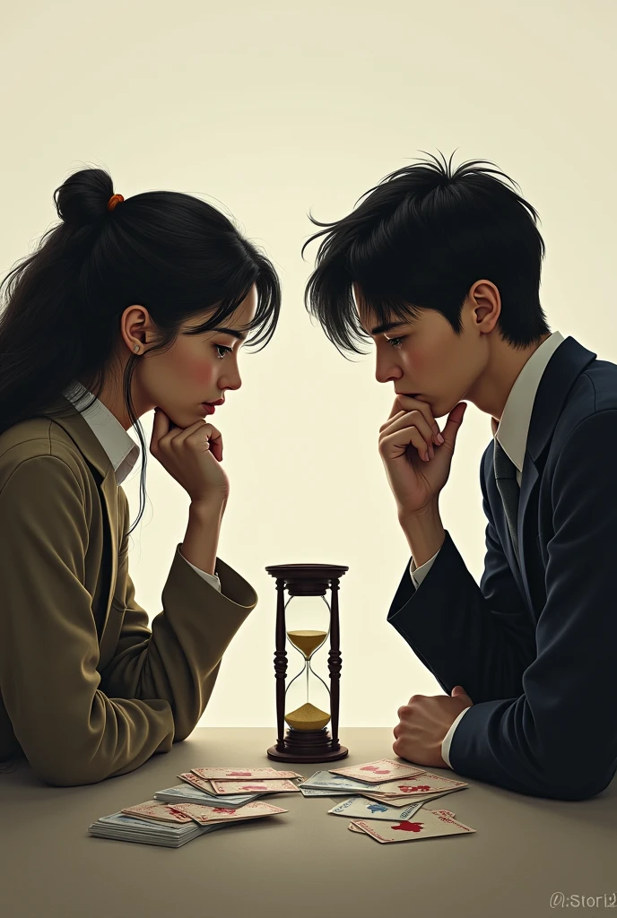 a pair with 4 cards in hand thinking with an hourglass passing time
