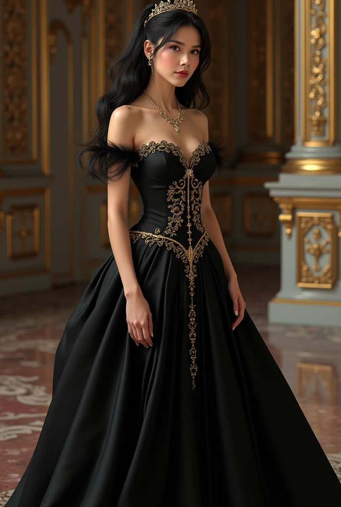 Princess in an elegant black dress with gold details 