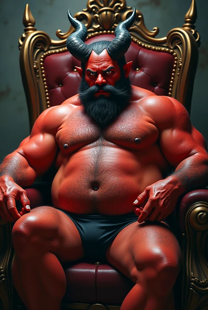 satan on his ruling throne, red skin, low swim trunks with bulge in the middle, chubby, hairy, bearded, high resolution, ultra-detailed, sharp focus, intricate details, detailed eyes, symmetrical eyes, expressive eyes, clear pupils, vibrant eyes, focused gaze, right leg is casually resting on the throne armrest, showing a relaxed posture, left hand is clenched into fist, Leaning his head as he leans slightly to the left, the king's expression is intimidating with a sense of authority