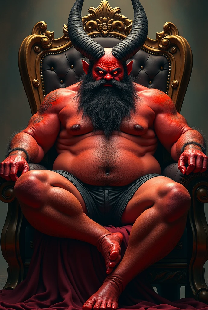 satan on his ruling throne, red skin, low swim trunks with bulge in the middle, chubby, hairy, bearded, high resolution, ultra-detailed, sharp focus, intricate details, detailed eyes, symmetrical eyes, expressive eyes, clear pupils, vibrant eyes, focused gaze, right leg is casually resting on the throne armrest, showing a relaxed posture, left hand is clenched into fist, Leaning his head as he leans slightly to the left, the king's expression is intimidating with a sense of authority