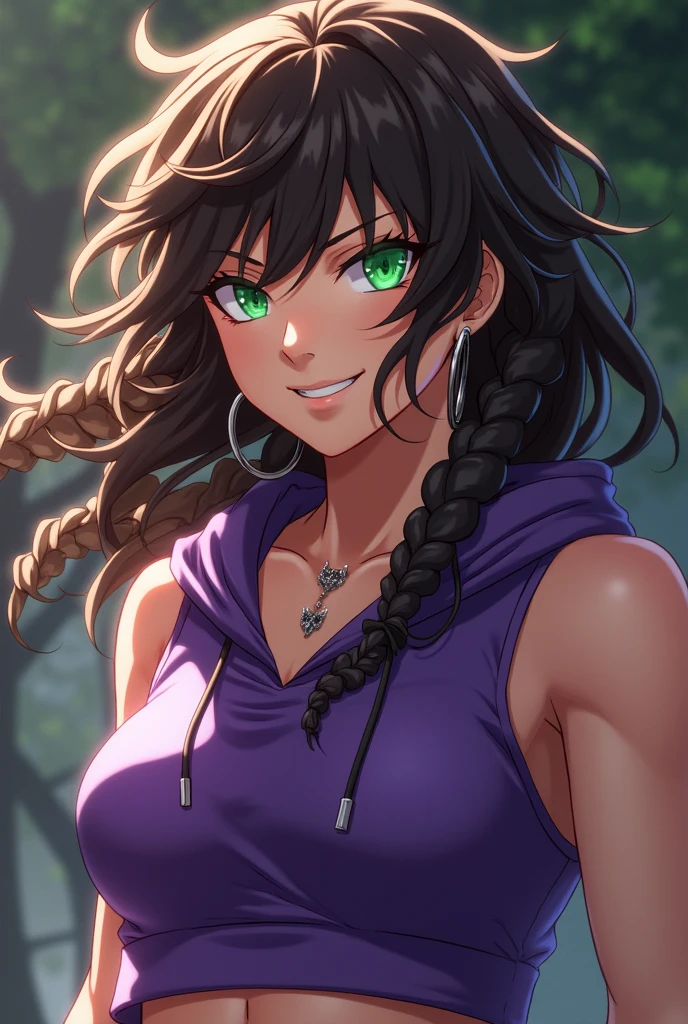 Badass Female character from Jujutsu Kaisen, light skin, fit build, long curly coily brown hair, bright green eyes, wearing purple sleeveless cropped hoodie, belly ring, hoop earrings, villainous smile, screenshot, screencap, anime
