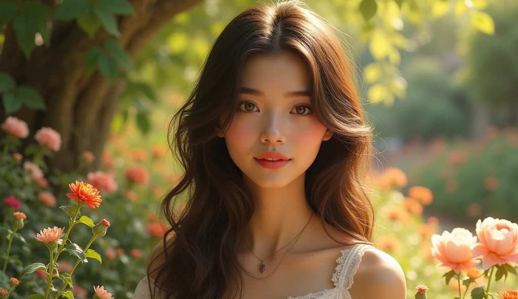 a beautiful detailed portrait of a woman in a serene and peaceful garden, long flowing hair, warm sunlight, detailed realistic eyes and lips, elegant dress, calm and peaceful expression, lush greenery, intricate flowers, (best quality,4k,8k,highres,masterpiece:1.2),ultra-detailed,(realistic,photorealistic,photo-realistic:1.37),HDR,UHD,studio lighting,ultra-fine painting,sharp focus,physically-based rendering,extreme detail description,professional,vivid colors,stunning landscape,natural lighting