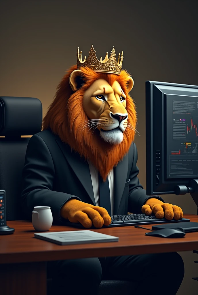 I want you to make a Lion sitting in front of a computer and making investments in the cryptocurrency market where the lion is wearing a black suit. I want you to show the computer screen, use a gold crown on the lion and add human hands with fur like the lion&#39;s. 