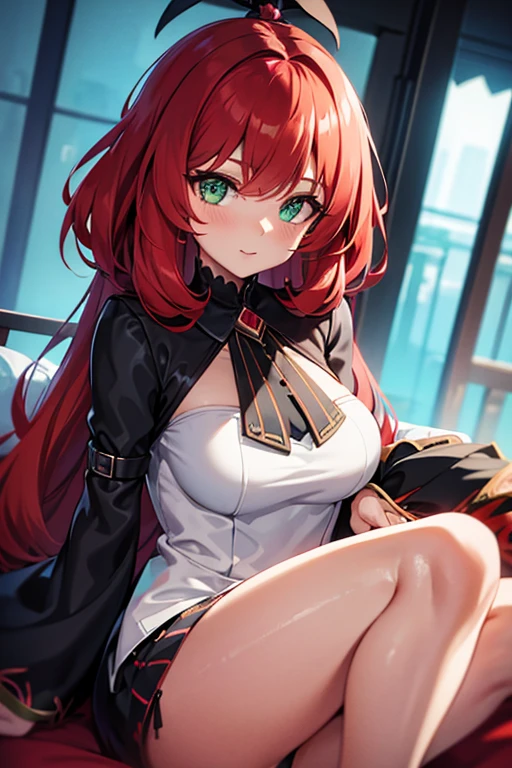 A black woman with red hair and light green eyes, wearing elegant party clothes, looking ahead at viewer