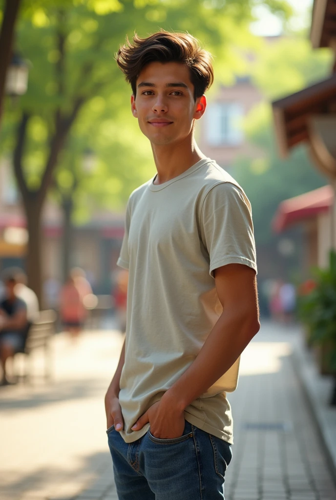 A 2 man with an oval face, brown eyes, and brown hair, standing at 1.81 cm tall with a lean build. He is casually dressed in a well-fitted t-shirt and jeans, standing in a natural, relaxed pose. The background is a scenic outdoor setting, such as a park with green trees and soft sunlight filtering through, or a quiet street with charming buildings. The lighting is natural, capturing the warmth of the scene, as if the photo were taken during a pleasant day out. The overall vibe is calm and authentic, like a regular photo taken during a nice day