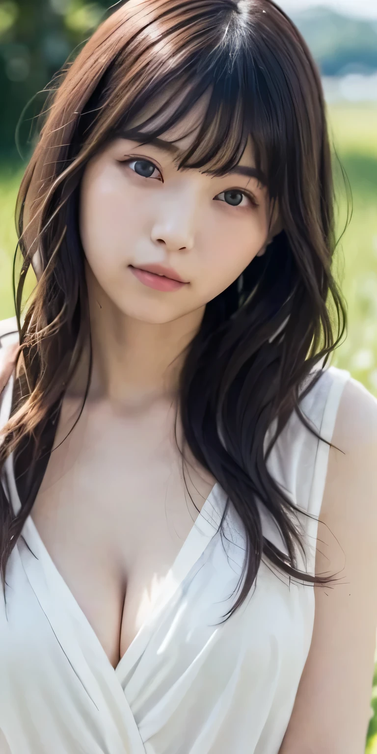masterpiece、Highest quality, Ultra-high resolution、8k,photograph、1 girl, (Skin dents), Large Breasts:1.8), bright, Blurred Background, (Asymmetrical bangs, Please comb your hair、very long wavy hair:1.5), (Floating Hair:1.0)、(Loose fitting blouse)、(Loose chest)、(Sunburn marks on chest)、(Cleavage)、(soft, drooping udder)、Heterochromia iridis、sad、grassland、Spring Sky、Soft sunlight