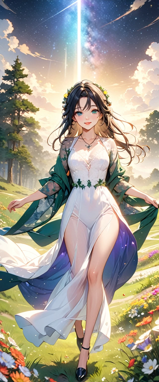 (masterpiece、Highest quality、8k、High resolution)、1 female、Beautiful eyes with slit length、Cute lips、Beautiful Nose、Brownish black hair、smile、(Best anime girl)、Green grassland with forest view、Walking,(Flying high, high, high),Colorful flowers blooming in the field,A bright night with the stars clearly visible、milky way、Mysterious light particles from the whole body、Colorful light particles、A mysterious light shining around your head、melt、jewelry、necklace、White lace dress、(Beautiful full body style)、Highly detailed anime art、A complete portrayal、