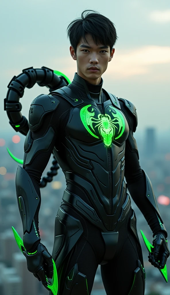 Young handsome Asian man with short black hair and somboy style face, eyes browns, wearing black futuristic cybernetic armor with a green scorpion symbol on the chest, a cybernetic scorpion tail made of black metal with green details, holding two futuristic green curved knives at the back of his waist, dusk on top of a building, epic pose, Masterpiece artwork, precise, High details, defocused, 3D rendering, cinematographic, conceptual artwork, cinematic lighting, lateral view, macro photography, movie poster style