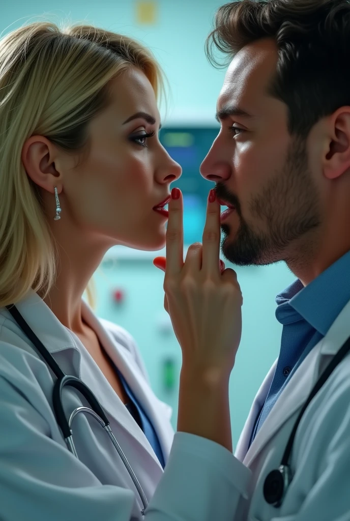 Blonde woman silencing doctor by covering his mouth with her two fingers