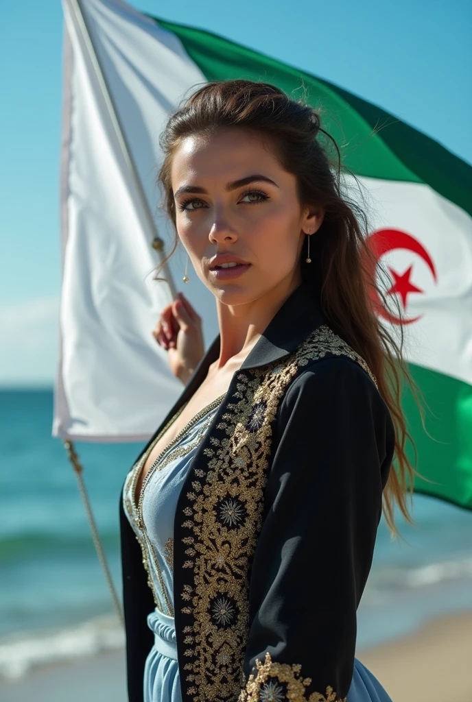 Close up, Algerian woman, wearing a black, white, blue dress, with gold decoration on her jacket, holding the white and green Algerian flag, looking directly at the camera, she is standing on the blue sea shore