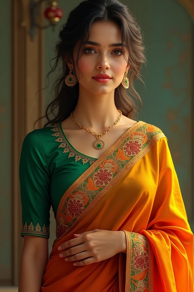A women wearing a saree with green blouse