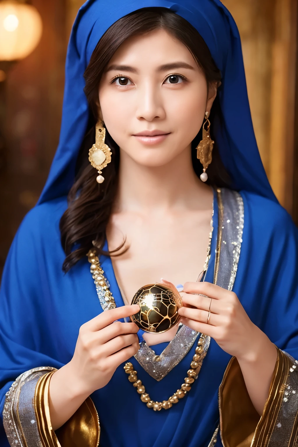 ((facing front:1.5)), Japanese female fortune teller. Attractive, beautiful and mysterious. She wears a blue cloak and has distinct features. The atmosphere is bright and sparkling, full of anxiety and anticipation. A fortune teller is standing there. The body is facing forward. She is looking at you. She holds a crystal ball in her right hand. She has a beautiful face and beautiful eyes. The photo captured her with a detailed face and detailed eyes. The lighting in the room is bright, creating a magical atmosphere. Best picture quality, 4k or 8k resolution. The level of detail is very detailed and realistic, close to photorealism. Artistic style should reflect an official aesthetic with bright colors and strong contrasts. The color palette should emphasize the mystical and mystical theme of the work. The fortune teller's cloak is decorated with metal edging with a thickness ratio of 1.5 and intricate designs. The overall atmosphere is magical, like a starry sky. The expression on the fortune teller's face should arouse mystical interest.