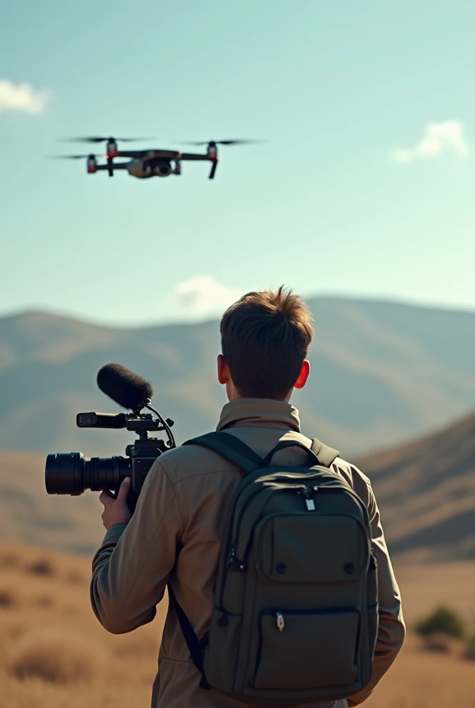 A man with audiovisual equipment filming a distant drone flying in the sky