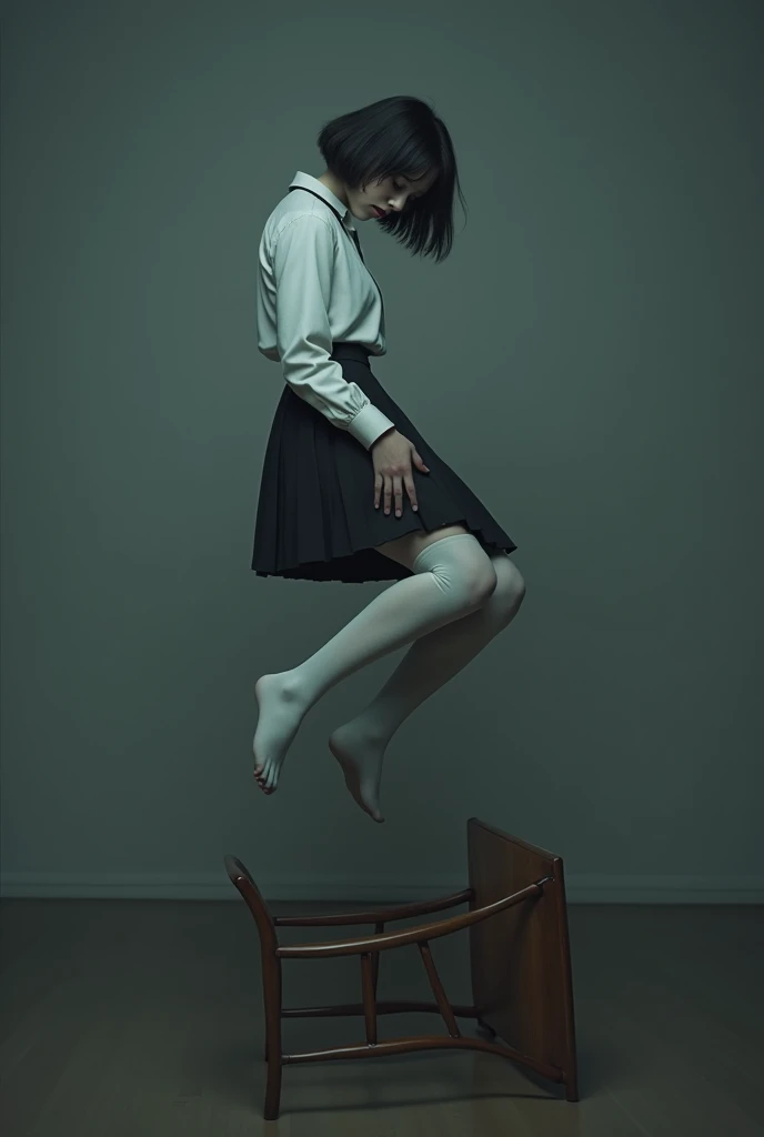 girl scene in white thigh high socks, hanged ,hovering in the air , the chair under the female student's feet