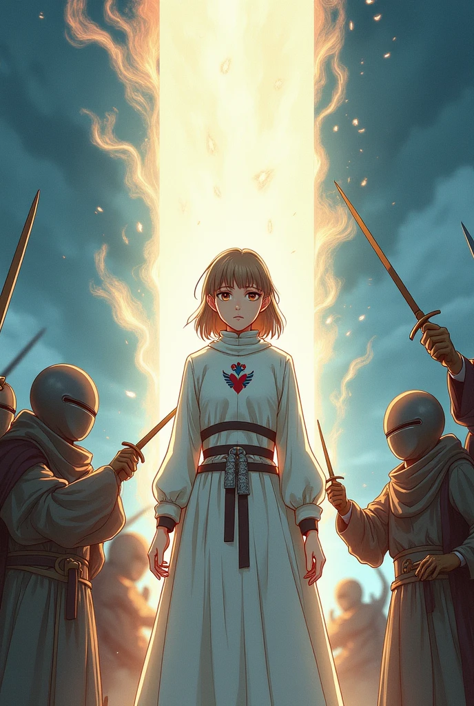 a battle where a young half-elf man with delicate, feminine features and shoulder-length light brown hair.
 
wearing white medieval clothing with a symbol of a light blue feather over a red heart drawn on the clothes at chest height.

 protecting innocents with a barrier of light against sword attackers in the style of a medieval anime drawing
